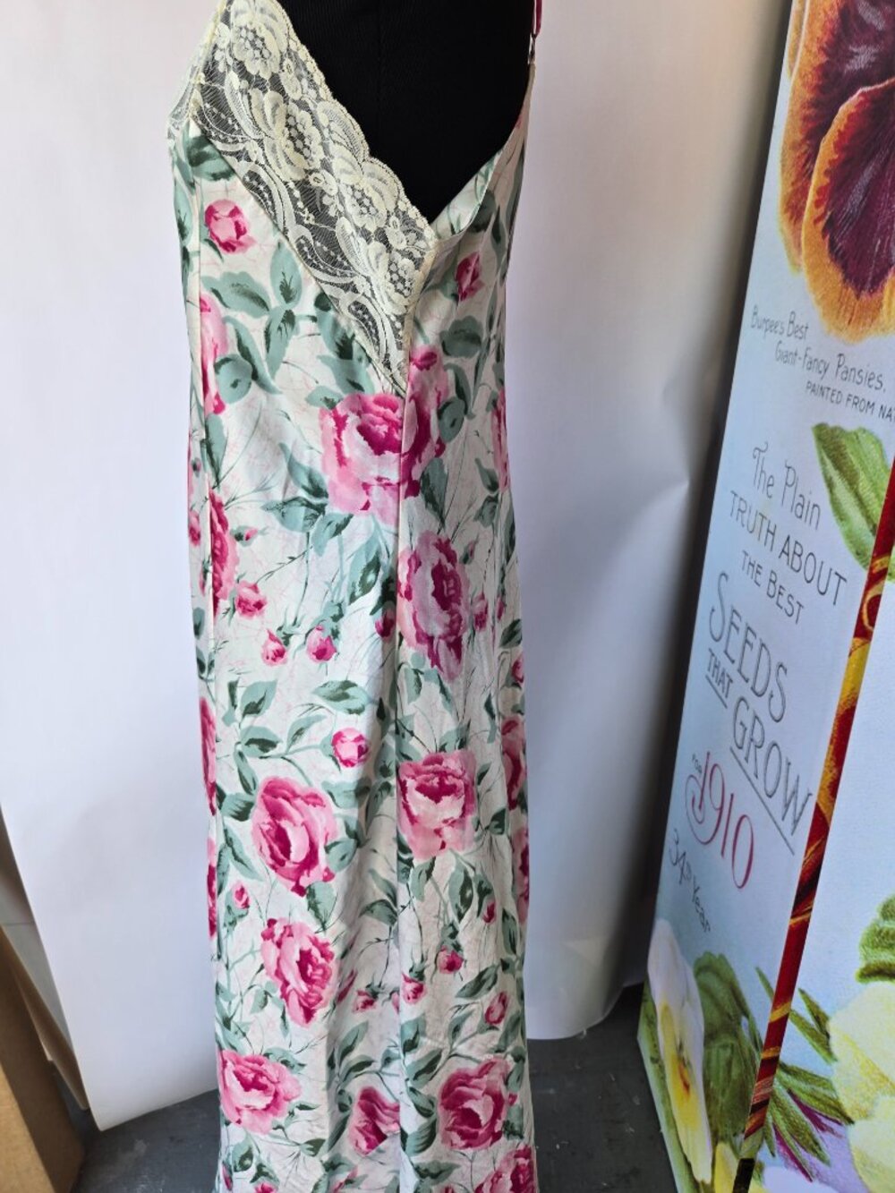 Vintage 90s Satin Rose Print Slip Dress Nightgown Maxi Fairycore Romantic Ballet - Picture 6 of 11